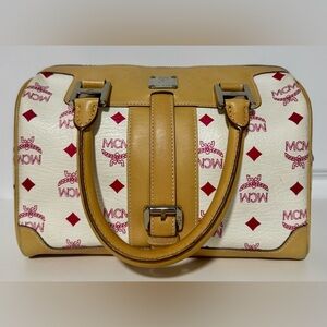 MCM White and Tan Boston with Red Accents